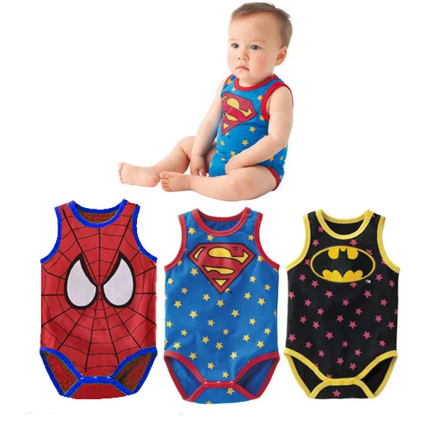 

3 Pieces/ Lot 100% Cotton Summer Baby Unisex Rompers 0-2 Years Kids Vest Movie Character Design Short Sleeve Spider/Bat Man