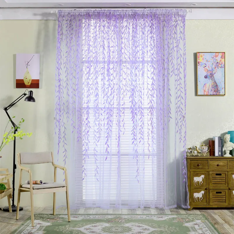 

Cute Willow leaf Tulle Curtains Blinds Voile Pastoral Style Willow Floral Window Decorative cortinas for bedroom Living Room