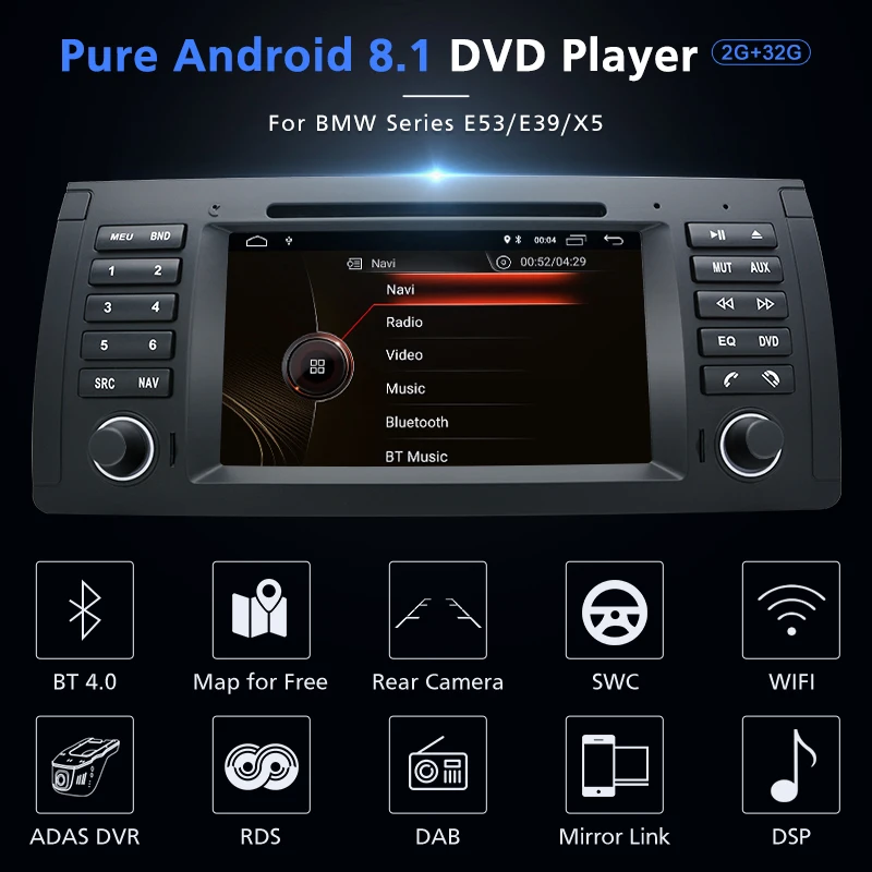 Flash Deal Junsun Android 8.1 Navigation WIFI  CD playback 2+32GB Car Multimedia Player GPS Navi Auto DVD Radio for 5 Series E39 BMW X5 E 1