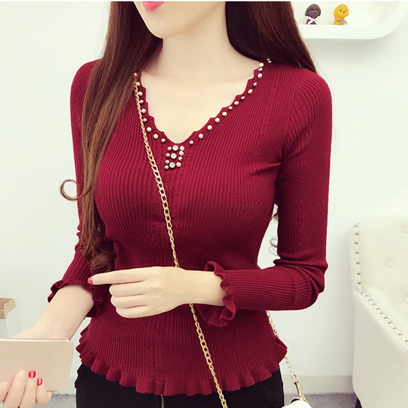 Spring Autumn Women Sweater 2019 New Fashion Beading V-neck Knitted Tops Solid Slim Elasticity Knit Pullover Sweater Female Y87