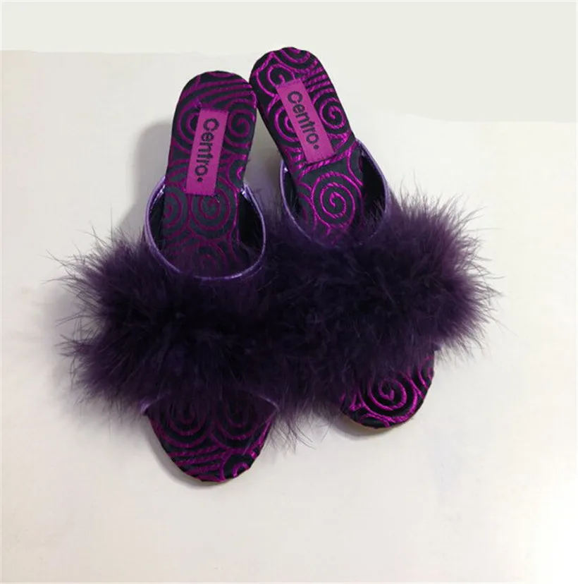 summer women feather slippers platform wedges sandals lady high heel