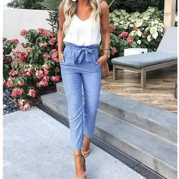 

Women Fashion Striped Pant Ladies Cotton BlendOL Zipper Skinny Office Summer Casual High Waist Jeggings Pencil Pant Trouser Blue