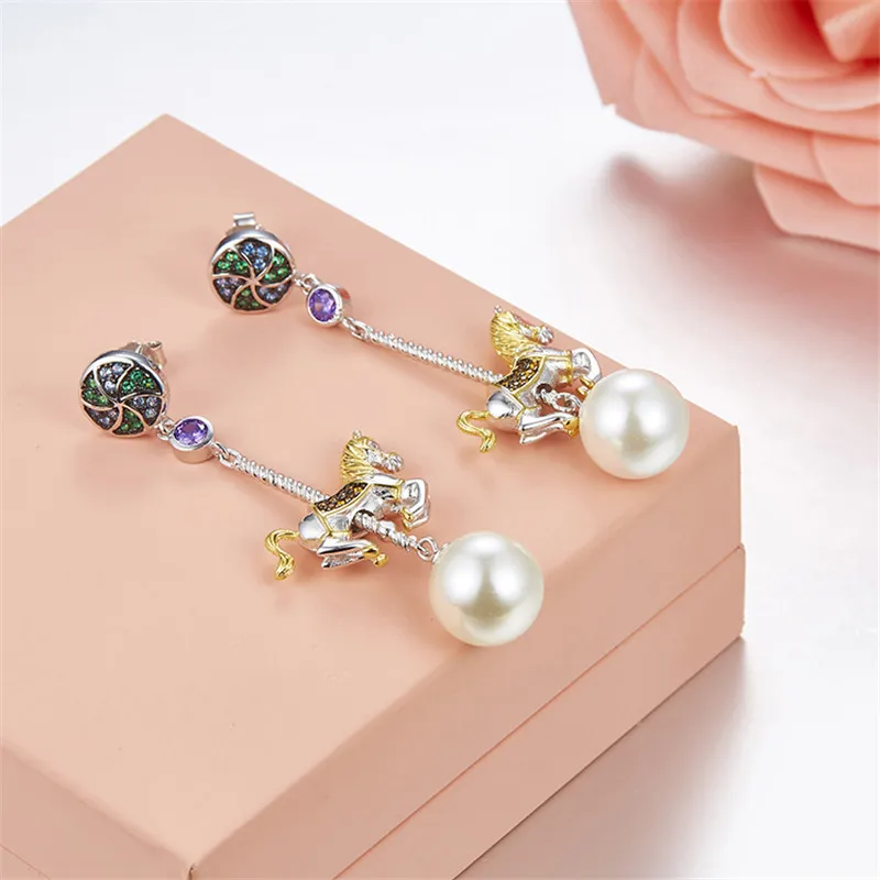 

Carousel Drop Earring Inlay CZ Crystal with Freshwater Pearl Jewelry For Women Fun Park Merry-go-round whirligig Brincos Gift