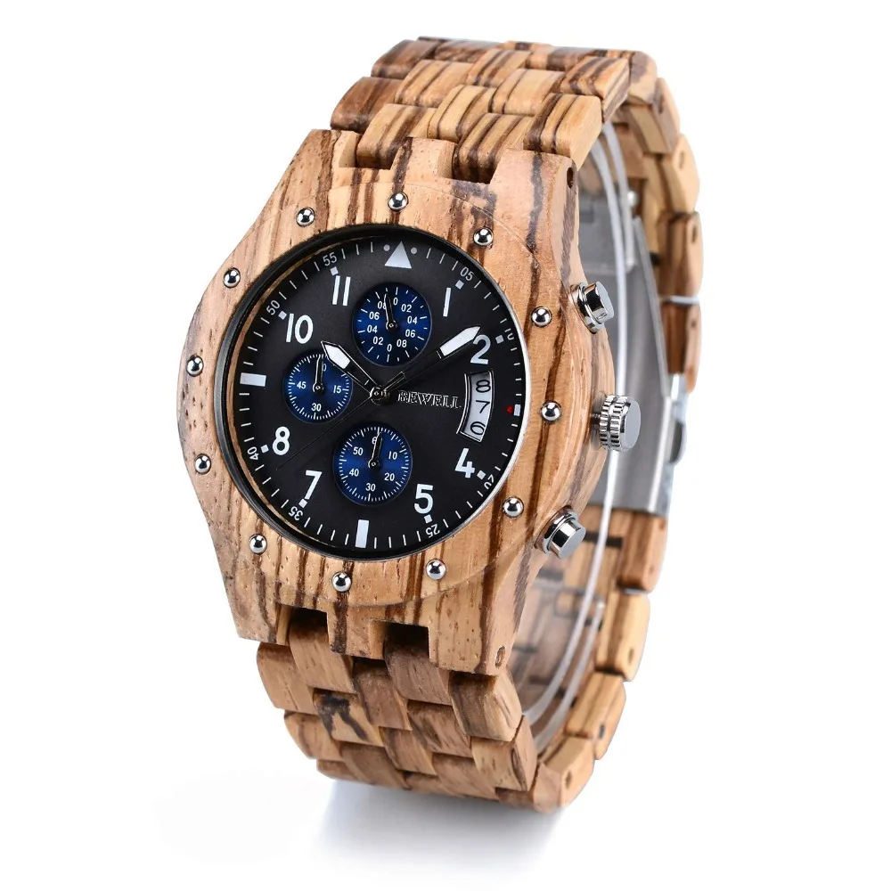 

BEWELL Mens Wood Watches Wood Gift Box Quartz Analog Sub-Dial Date Display Chronograph Luminous Hands erkek kol saati W109D