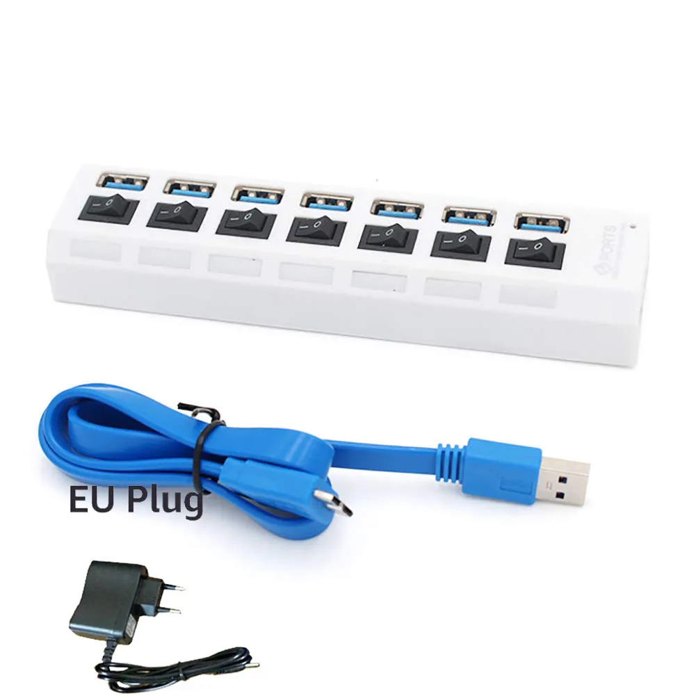 7 Port White With EU Многопортовый usb-хаб 3,0 4/7 портов Портативный Супер Скоростной 5 Гбит/с многопортовый usb-расширитель с переключателями адаптер питания для ПК - Цвет: 7 Port White With EU