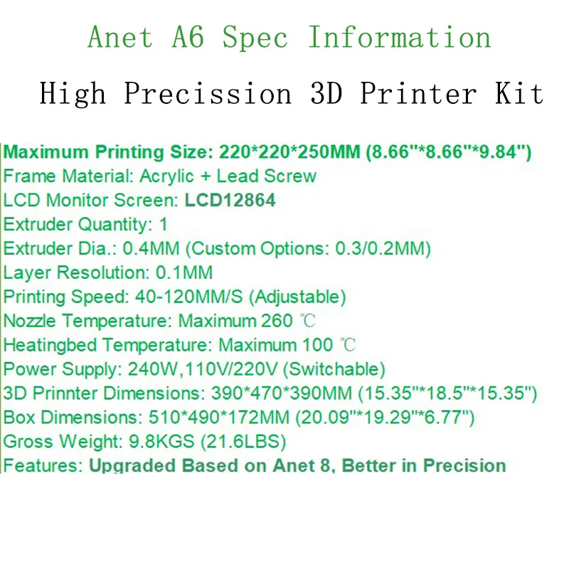 Anet A6 impresora 3d принтер высокой точности Reprap i3 3D печать легко собрать Набор DIY с