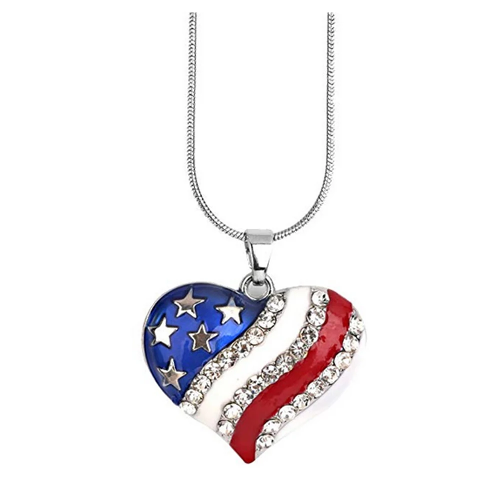 Women Necklace Heart Shape Rhinestone Star Pendant American Flag Pattern Usa Diamante Love For | Украшения и аксессуары