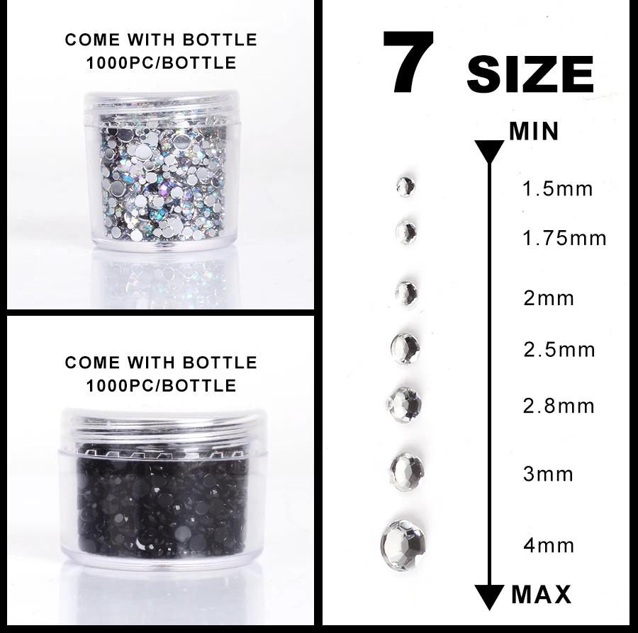 

1000pcs Mixed size Clear Crystal AB Rhinestones Nail Art Rhinestones For Nails 3D Nail Art Decorations Manicure Accessories