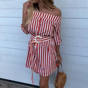 

2019 New Fashion Women Summer Dresses Off Shoulder Strapless Striped Belt Dress Casual Shirt Short Dresses