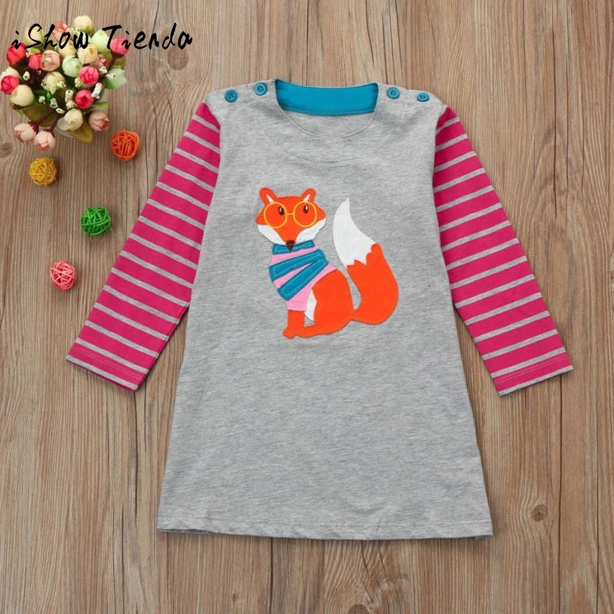 

Toddler Baby Girl Kid Autumn Winter Clothes Fox Bird Print Embroidery striped Princess Party Dress long sleeve children outfit