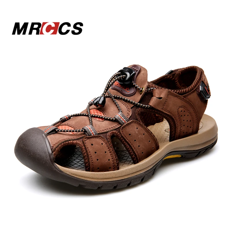 

MRCCS Genuine Leather Men's Sandal,Summer Cool Hill/Beach/Water Shoes,Breathable Hollow Toe Protect Design Coffee/Khaki
