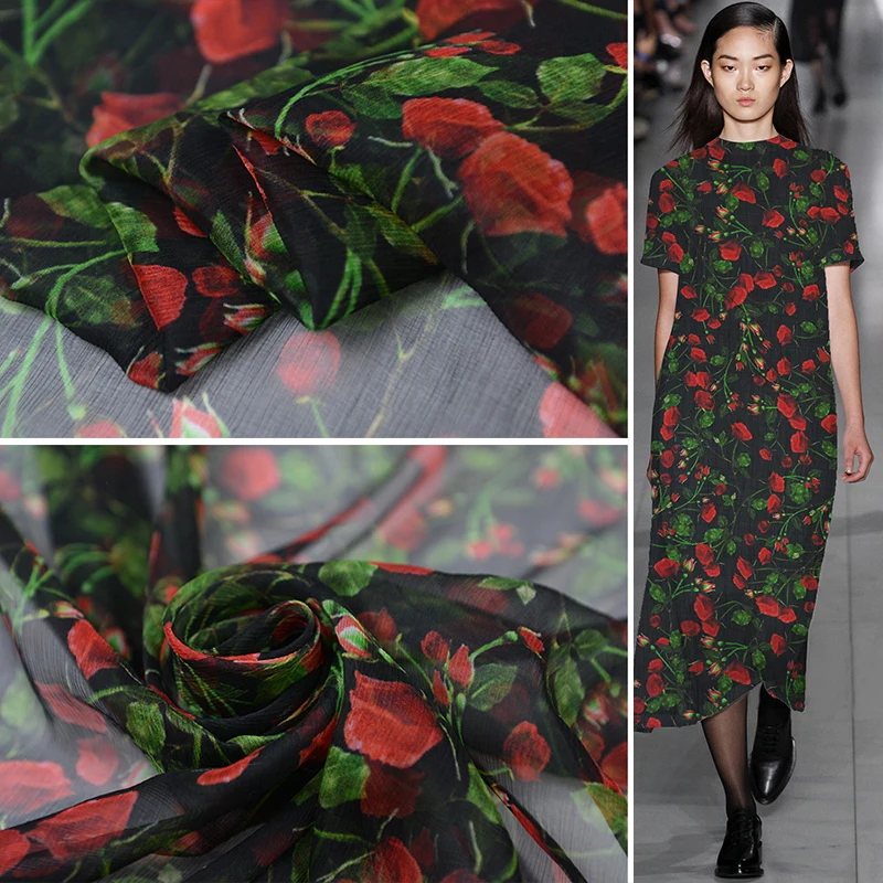 

Cherry Rose Small Fresh Broken Flowers Shun Qiao Qi Yarn 100% Silk Summer Elegant Clothing Fabric