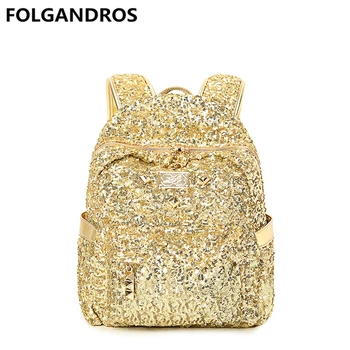 

2018 Brand Gold Backpack Women's Leather Backpacks for Teenager Girls Casual Fashion Women Bookbag Ladies Bolsa Mochila Feminina
