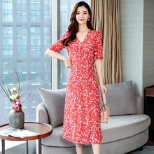 Women Summer Print Slim Long Red Dress Office Bodycon Elegant Vacation Midi Lady Dress Female Vintage Runway Korean Dress New