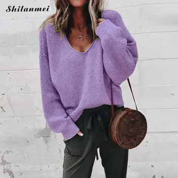 

Autumn Long Sleeve V Neck Knitted Sweater Women 2019 Fashion Solid Purple Yellow Causal Loose Pull Femme Sexy Sweater Jumper Top