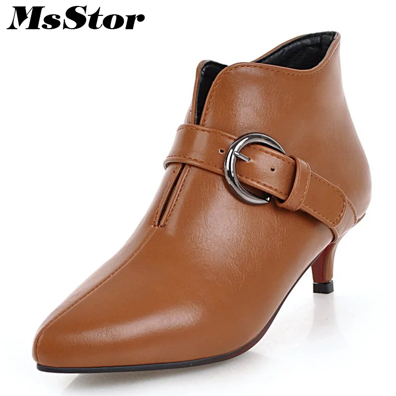 

MsStor Women Boots Pointed Toe Med Heel Ankle Boots Women Shoes Metal Buckle Boot Shoes Thin Heels Short Plush Boots For Girl