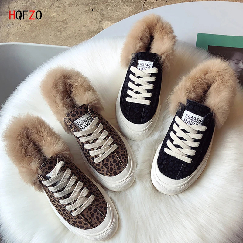 

HQFZO Fashion Women Shoes Sneakers Flat Platform Woman lace-up Leopard Furry Mujer Autumn Winter Warm Plush Shoes for Trainers