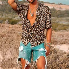 Новые модные мужские рубашки с коротким рукавом и леопардовым принтом, мужские свободные сексуальные летние повседневные блузы с отложным воротником, топы размера плюс S-3XL