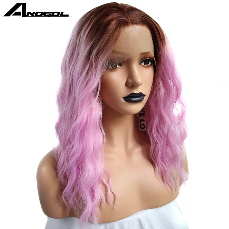 

Anogol High Temperature Fiber Synthetic Lace Front Wig Copper Red Ombre Purple Bob Natural Long Loose Wave Full Hair For Women