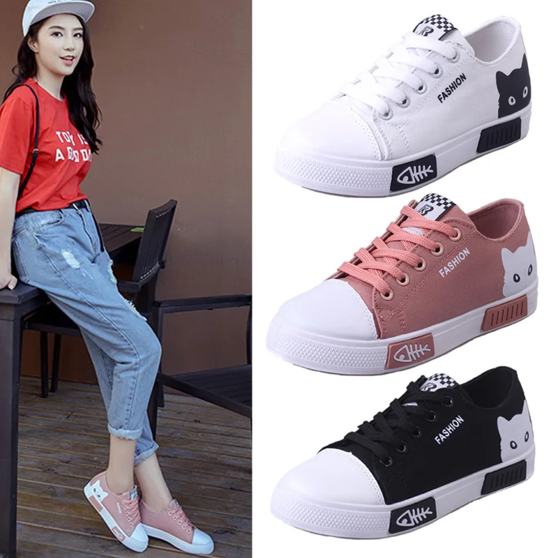 1 Pair Flats Shoes Sneakers Breathable Casual Cat Pattern Canvas For Women Lady Student LBY2018