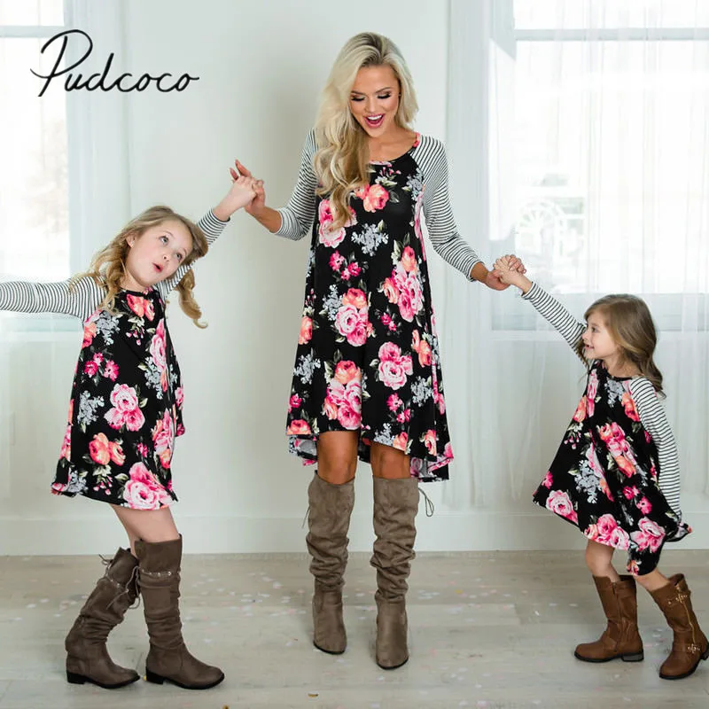 

2018 Brand New Mother Daughter Dress Summer Casual Family Clothes Womens Girls Sundress Outfits Matching Floral Striped Dresses
