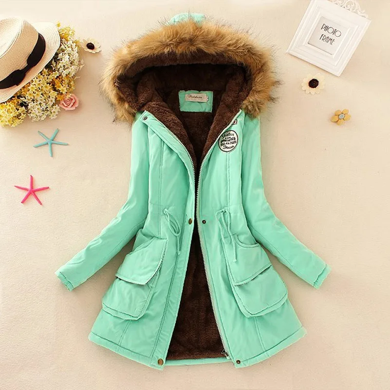 Saimishi, осенне-зимняя куртка, Женская парка, теплые куртки, пальто с меховым воротником, Длинные парки, худи для офиса, леди, хлопок, размера плюс - Цвет: Light Green