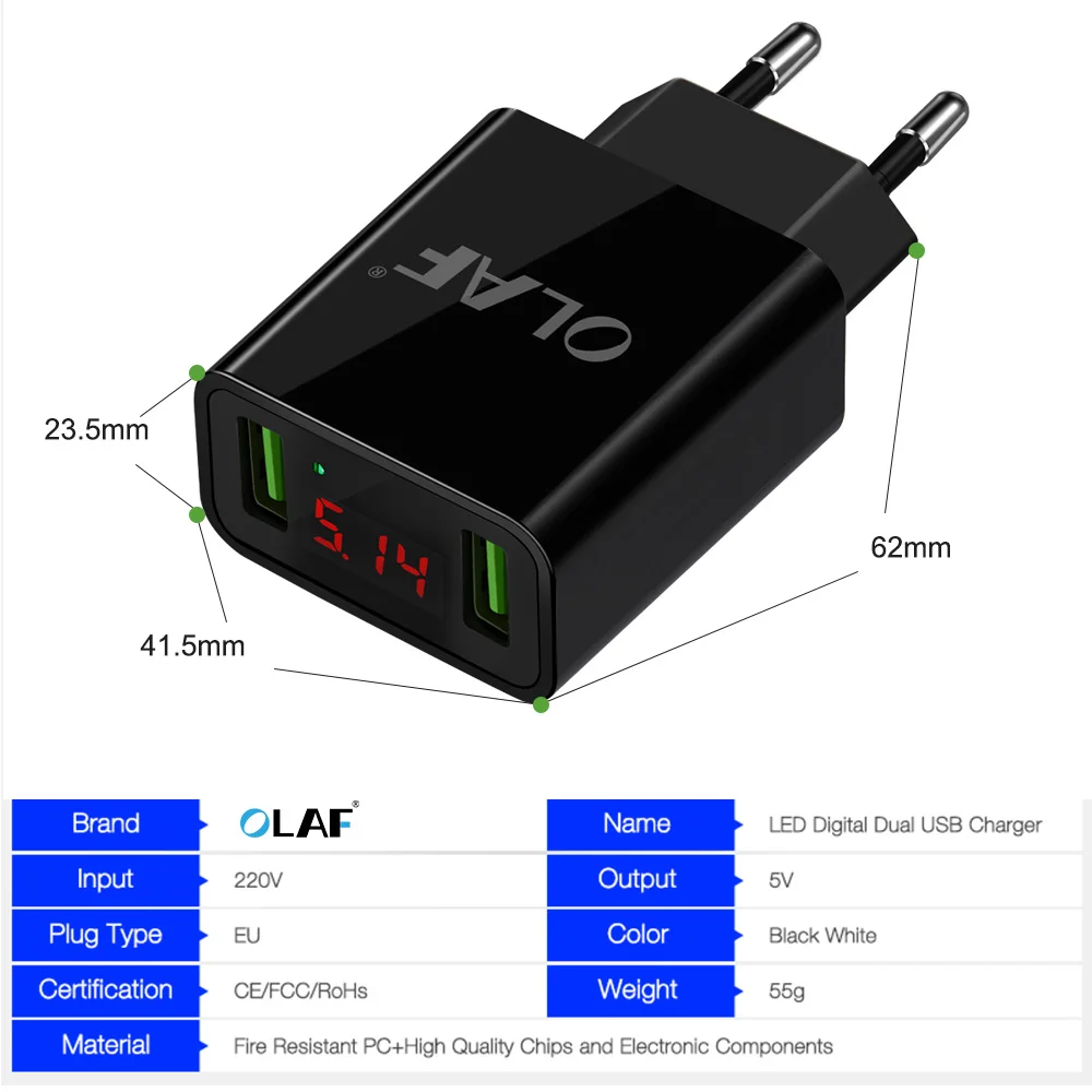 OLAF Магнитный кабель 2 порта USB зарядное устройство светодиодный дисплей Смарт