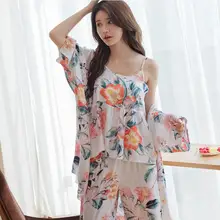 Женский пижамный комплект из хлопка, шелковая пижама с принтом, комплект из 3 предметов, пижама большого размера, дышащая одежда для отдыха