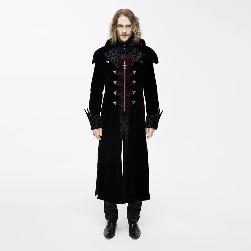 

Steampunk Men's Lapel Long-sleeved Zipper Warm Gentleman Long Coat Black Thick Jacket Cuff Neckline Embroidered Pattern