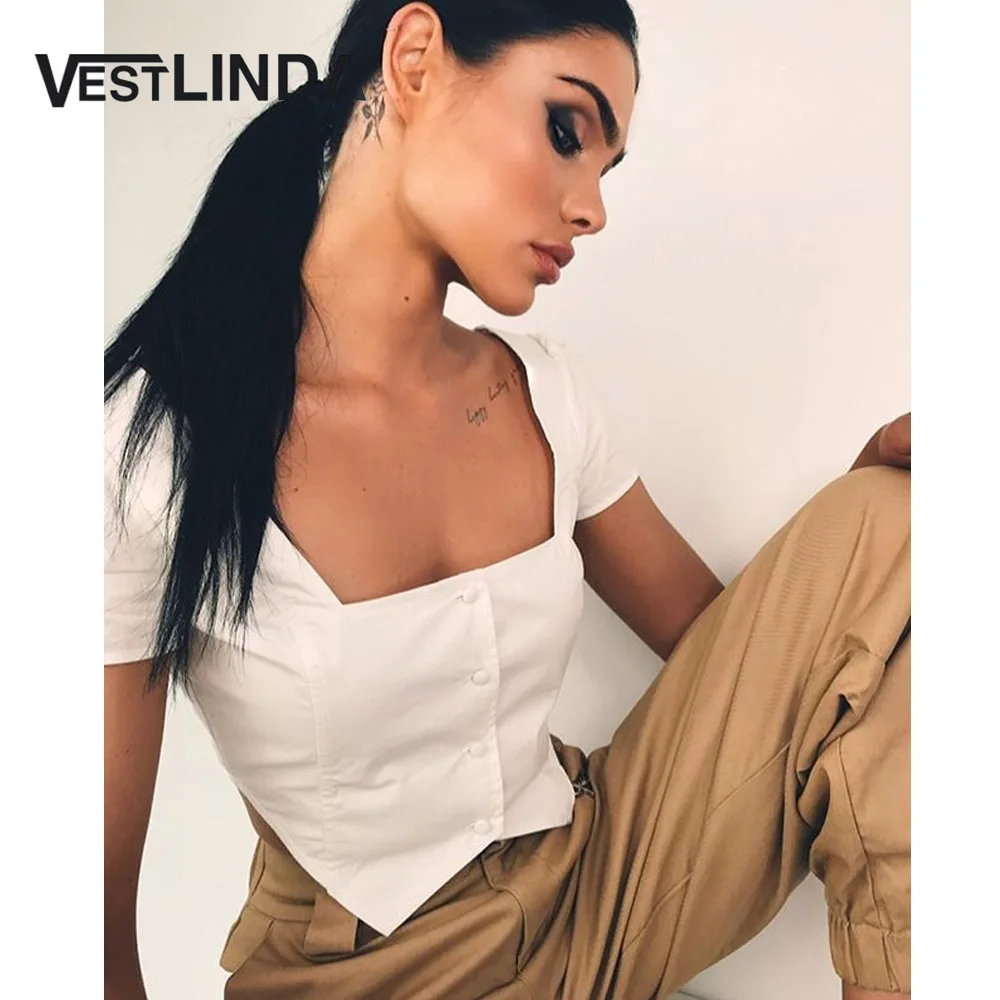 

VESTLINDA Crop Top 2019 Shirt Blouses Blusas Women Casual White Blouse Femme Cropped gothic Sexy Tops