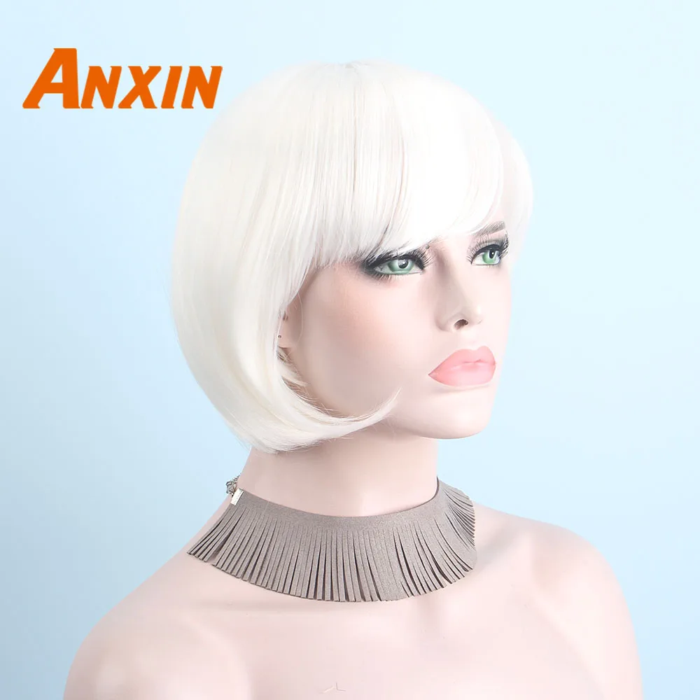 Anxin 10 дюймов короткие парики для женщин волосы завод белый цвет Боб кудрявые волны прямые кудрявые синтетические парики с челкой