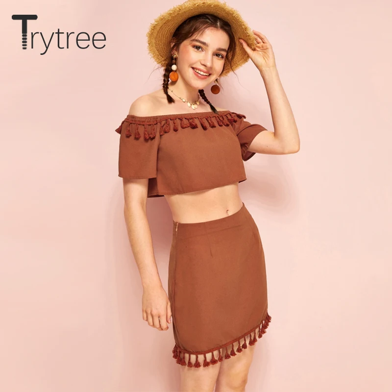 

Trytree Summer Women Two piece set Casual Tassle Solid Slash Neck Short Top + Skirt Mini Zipper Vacation Style Suit 2 Piece Set