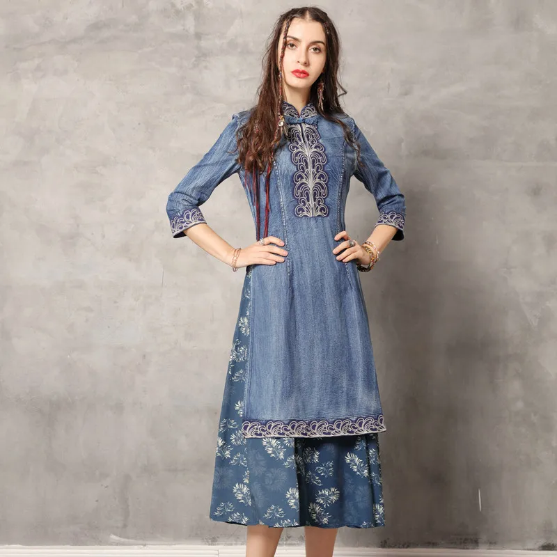

Vintage Cheongsam Summer Dress 2019 Denim Women Dresses Mandarin Collar 3/4 Sleeve Flower Embroidery Dress Vestidos
