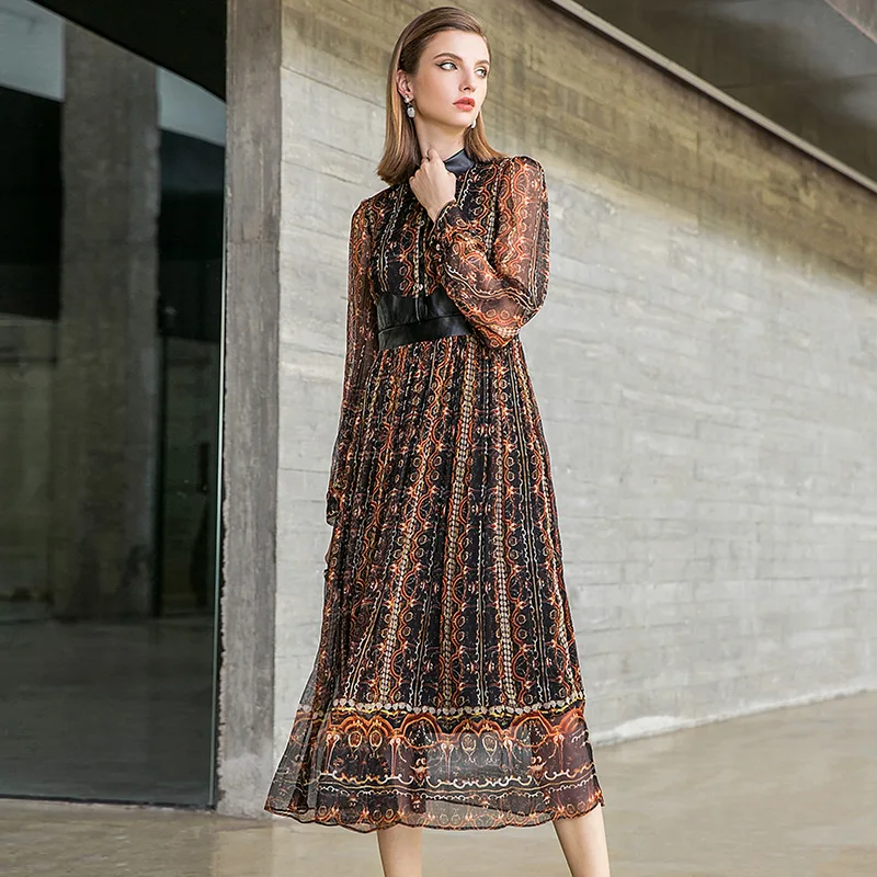 Grand Robe Mot Impression Un Pokwai L'automne Soie De Féminine 2018 Début Manches À Nouveau Longues Couture Mode Multi gwvXOqvf5