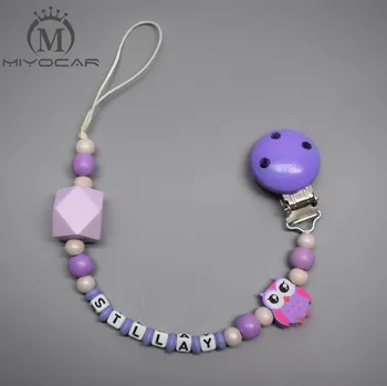 

MIYOCAR Personalised -Any name Hand made lovely purple owl wooden beads dummy clip holder pacifier clips soother chain clip