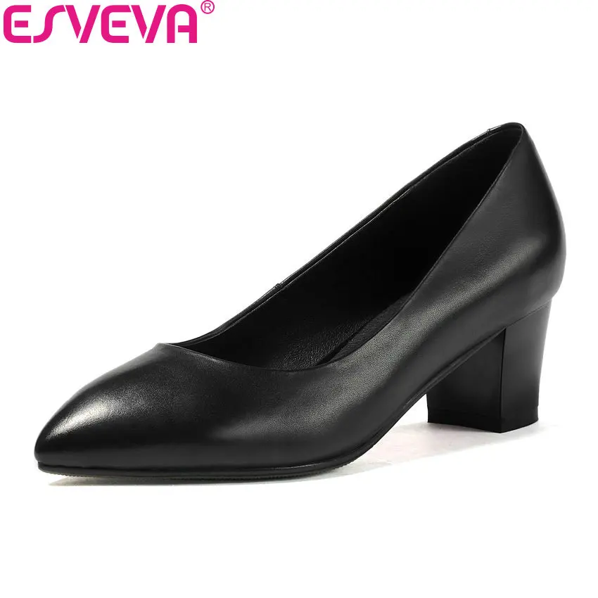 

ESVEVA 2018 Women Pumps Shoes Spring and Autumn PU+Cow Leather Office Ladies Shoes High Heel Slip on Work Pumps Shoes Size 34-42