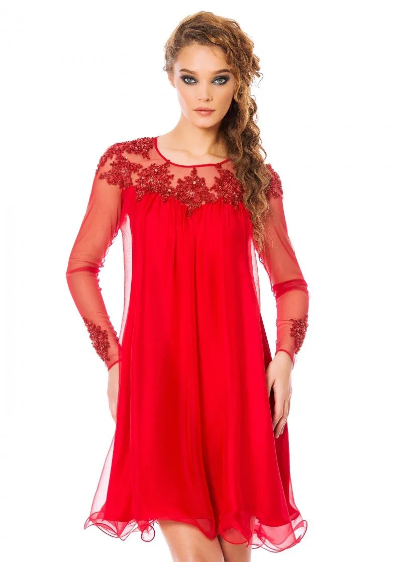 Сексуальные красные платья с длинным рукавом для выпускного вечера, кружевные аппликации, Короткие вечерние платья Vestidos de Baile