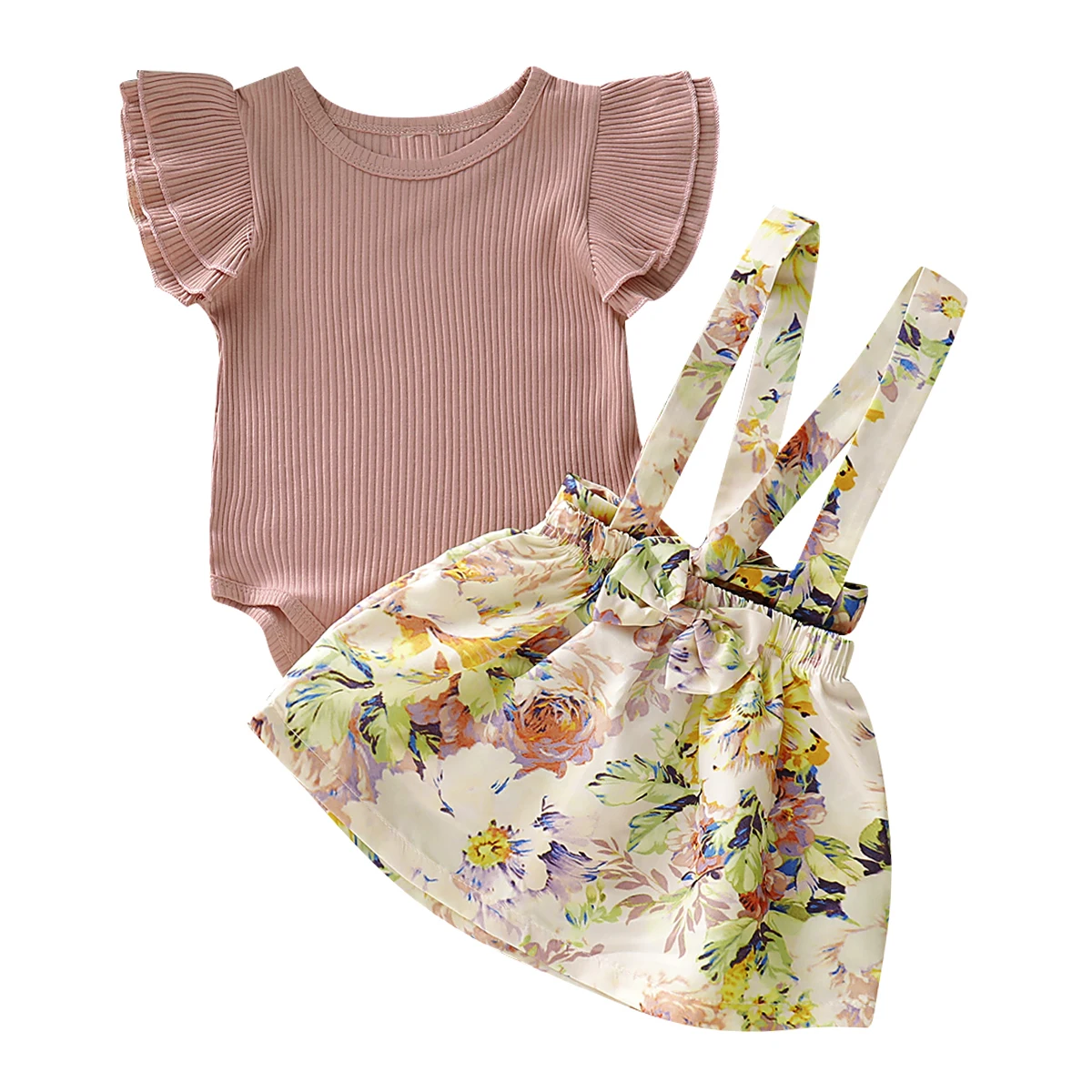 0-3Y Детский комплект с юбкой для маленьких девочек, комбинезон с оборками и рукавами + юбка-пачка с цветочным принтом, застежка-бабочка