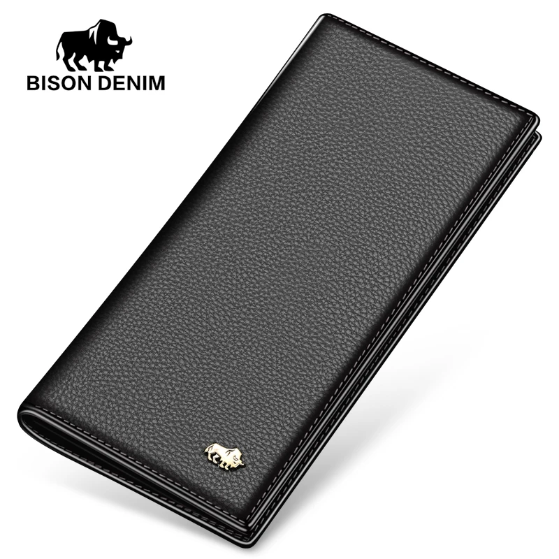 BISON DENIM luxury genuine leather men wallets long slim bifold credit