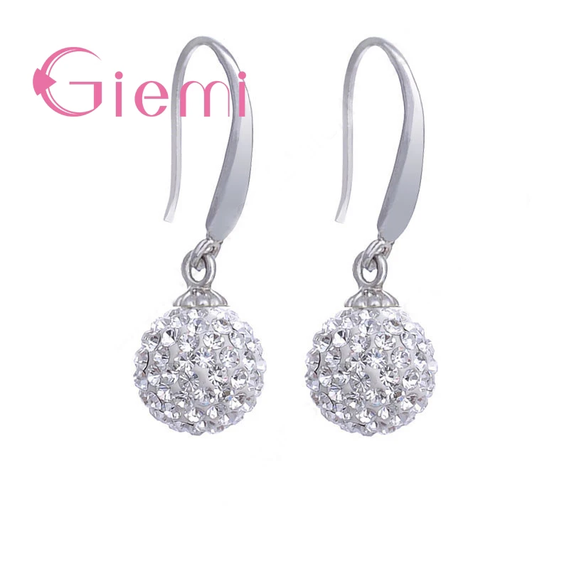 Full Rhinestone CZ Crystal Paved Disco Ball French Hook Earrings for Women Girl White Ball with Shining 925 Sterling Silver Made