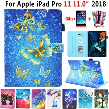 

Case for Apple iPad Pro 11 2018 A1980 Cartoon Animal Prints Leather Auto Awake Smart Sleep Cover Coque Funda + Pen +Film