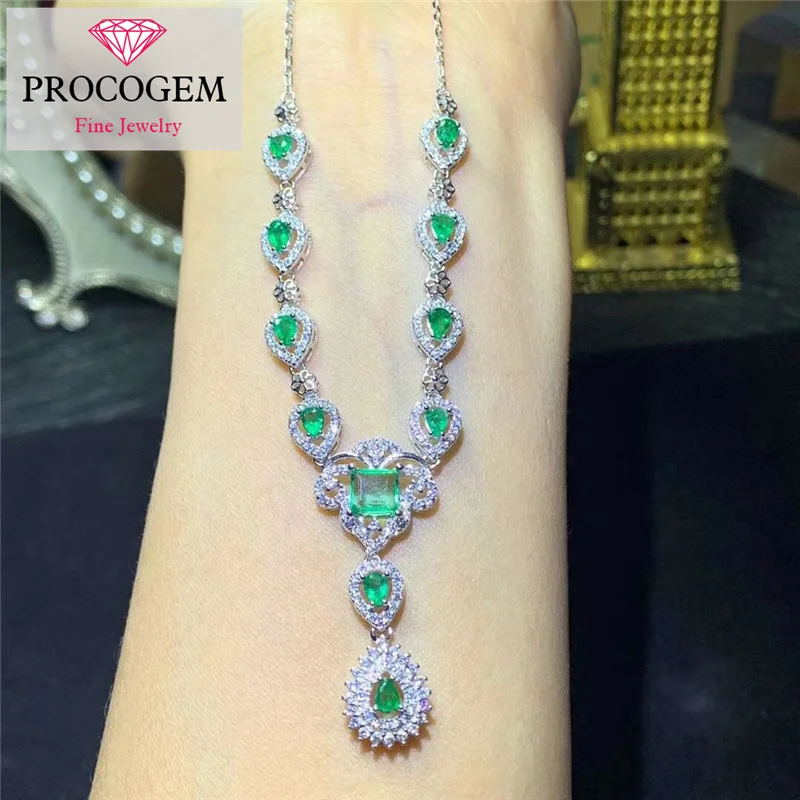 Procogem натуральные изумрудные Подвески Ожерелья 2.6Ct стерлингового серебра 925 подлинное ожерелье с драгоценными камнями Женские Ювелирные изделия Подарки#292
