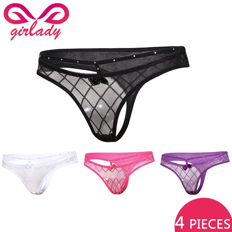GIRLADY 4 Pcs Women Sexy Briefs Cotton Rivet G-string Thong Transparent Bow Female Underwear See Through Micro Lingerie For Lady |