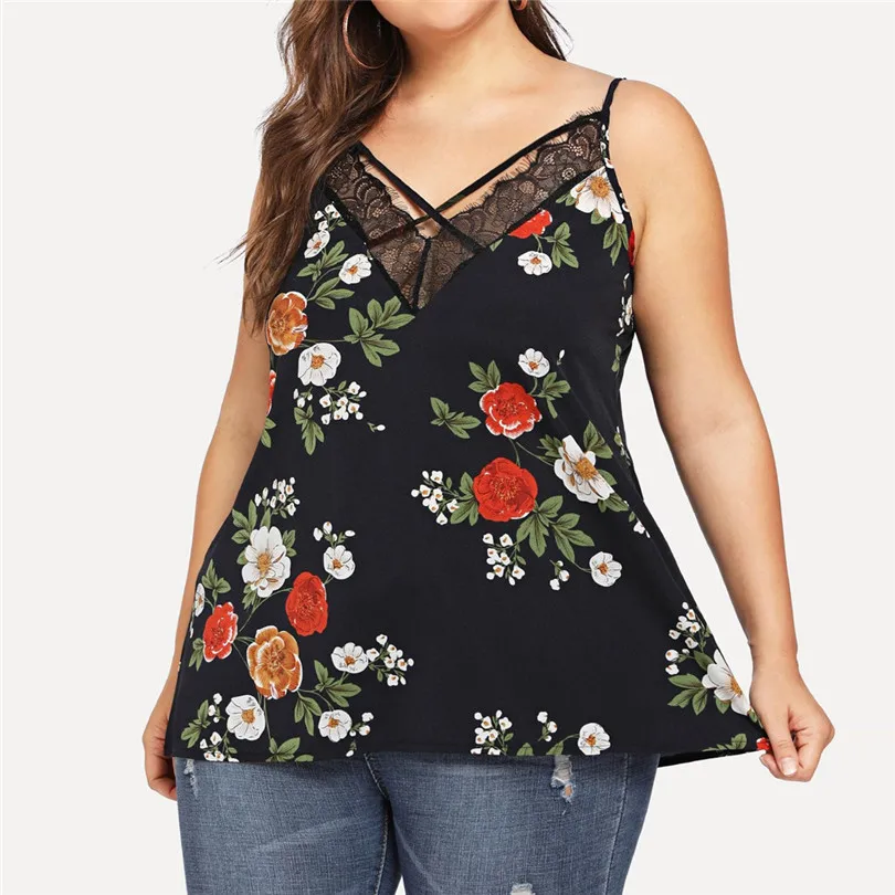 New Womens Girls Summer Daily Casual Sexy Plus SizeSleeveless Floral Print Lace Patchwork Camis Crop Top tops #4F05 (16)