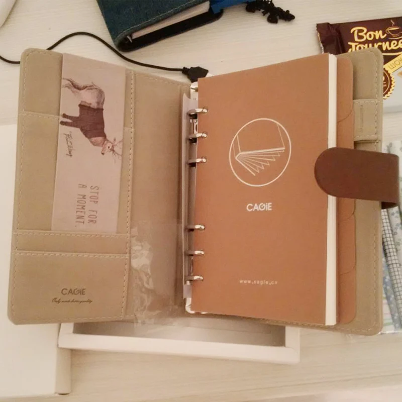 CAGIE a6 Binder Spiral Notebook Kawaii Printing Cover Diary Planner Leather Journal Filofax Agenda Notebook for School Supplies