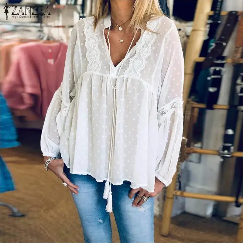 

2019 Plus Size ZANZEA Lace Patchwork Tunic Tops Women Casual Solid V Neck Lantern Sleeve Shirts Sexy Party Blusas Female Blouse