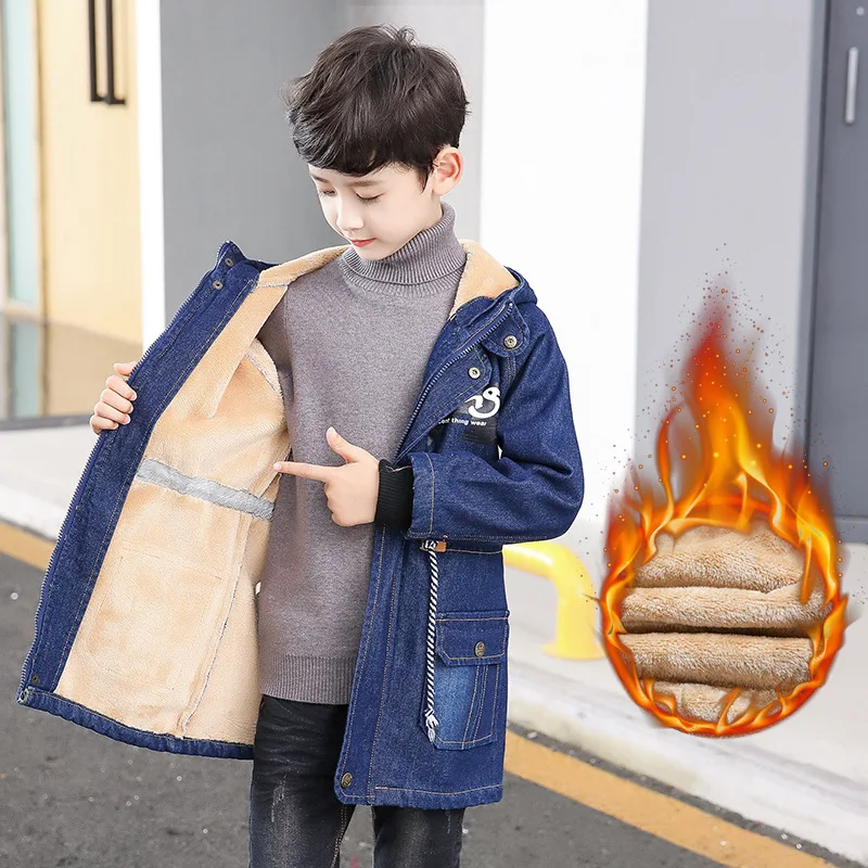 

2019 Winter Boys Hooded Warm Denim Coat Children Outerwear Big Boys Thicken Fleece Velvet Jean Jackets Kids Clothes 4-14 Years