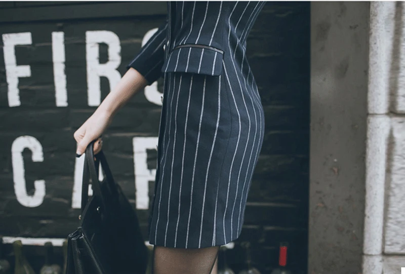 Мода 2018 г. Высокое качество офисные женские туфли тонкий полосатый Блейзер разделение пикантные зубчатый женское платье элегантны