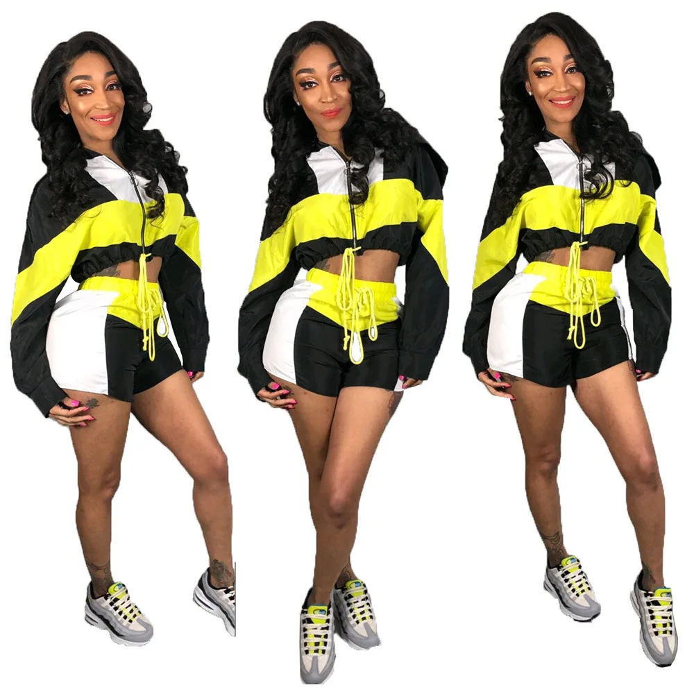 

Bump The Color 2 Piece Women Set Full Sleeve Zipper Turn-Down Collar Crop Top + Drawstring Metropolitan Fashion Shorts Pant 9001