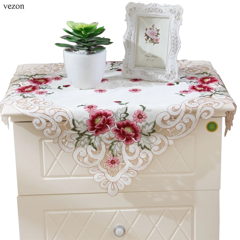 

vezon Europe Polyester Tablecloth Embroidered Floral Hollow Table Cover Rectangular Elegant Home Party Wedding Decoration